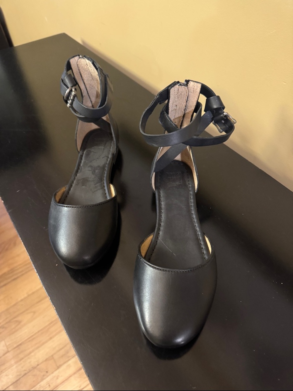 Frye Black Leather Ankle-Strap Heels
